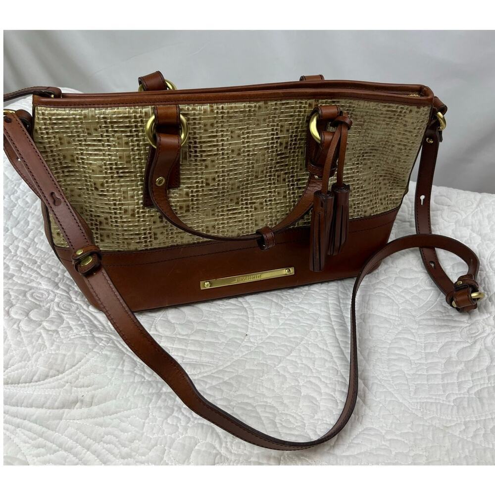 Brahmin Women's Gold/Brown Leather Zip Top Adjustable Shoulder Bag Purse